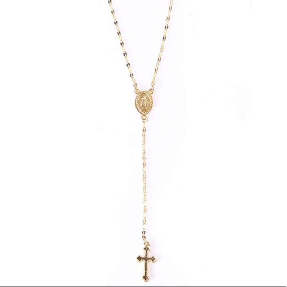 NEW Gold Tone Rosary lariat Cross Necklace - Picture 2 of 5